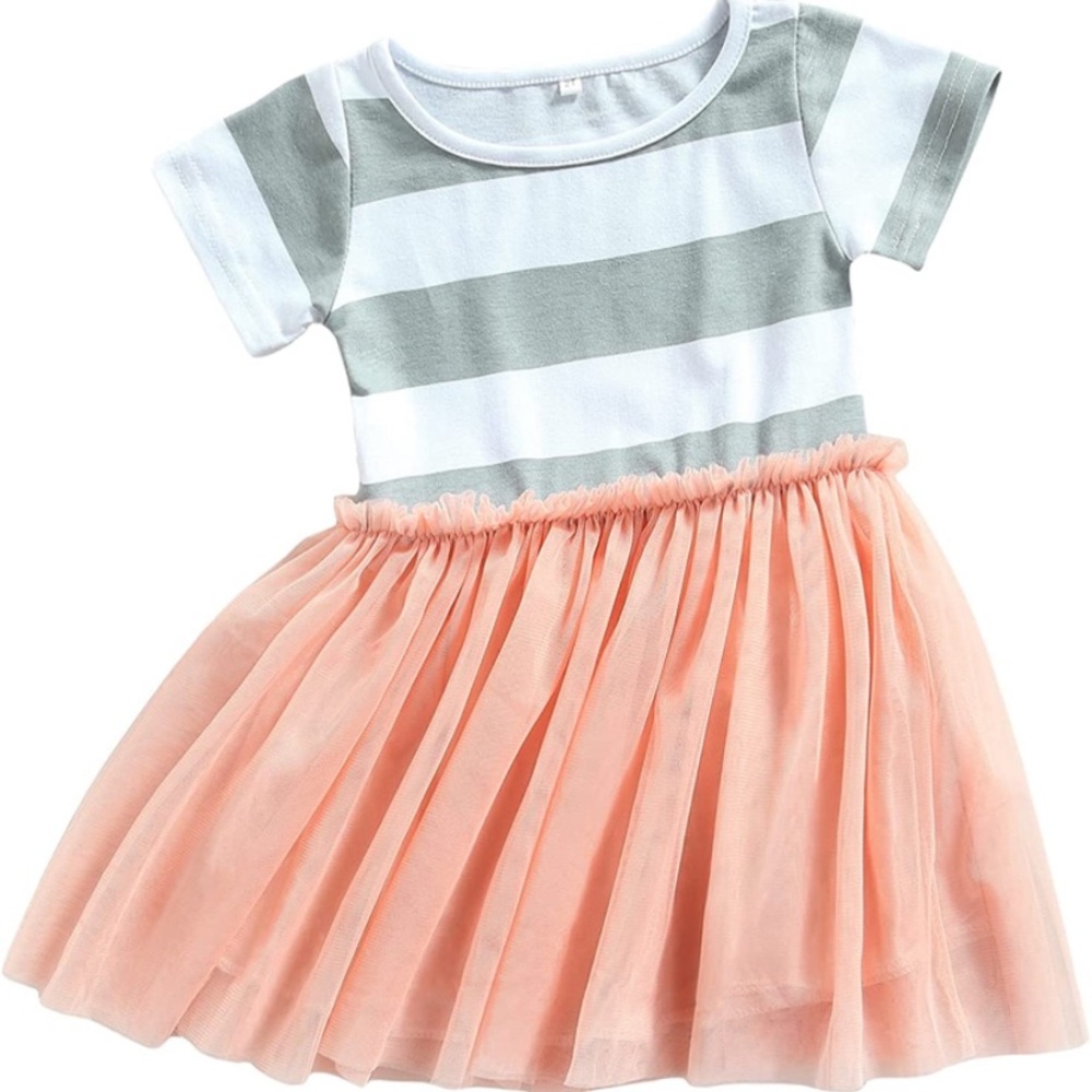 Tulle Bottom A-line Dress with Short Sleeve Stripe Top